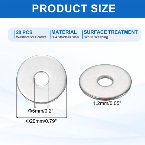 20 Pcs M5 Stainless Steel Flat Washers Set For Screws Bolts Plumbing Automotive And Electrical Projects dimensions 5mm ID 20mm OD 1.2mm thick