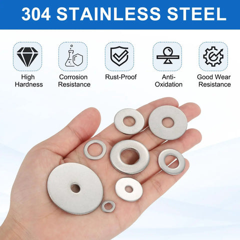Hand holding 20 Pcs M5 Stainless Steel Flat Washers Set For Screws Bolts Plumbing Automotive And Electrical Projects