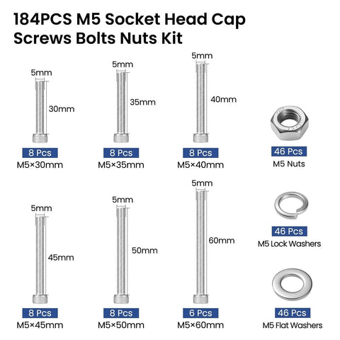 M5 Screws Kit 184 Pcs 304 Stainless Steel Hex Socket Head Cap Screws Nuts Washers Set 30 35 40 45 50 60mm components