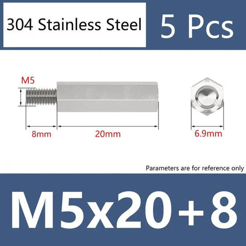 Diagram showing Stainless Steel M5 Standoff Screws 20mm With 8mm Hex Spacers For PCBs, highlighting dimensions and specifications.