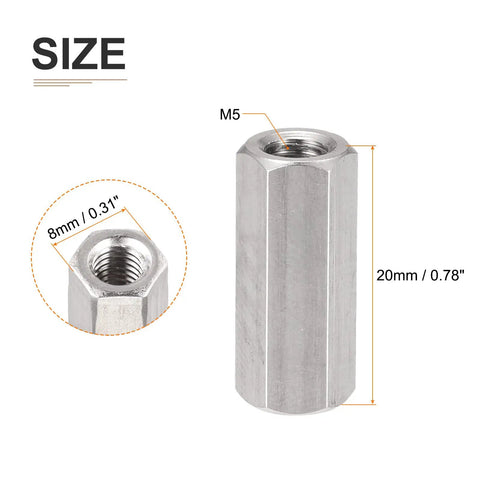 M5 Hex Standoff Spacer Nuts 20mm Length, 8mm Hex Width, Stainless Steel, 6 Pack, Female Thread Coupling Screws size diagram.
