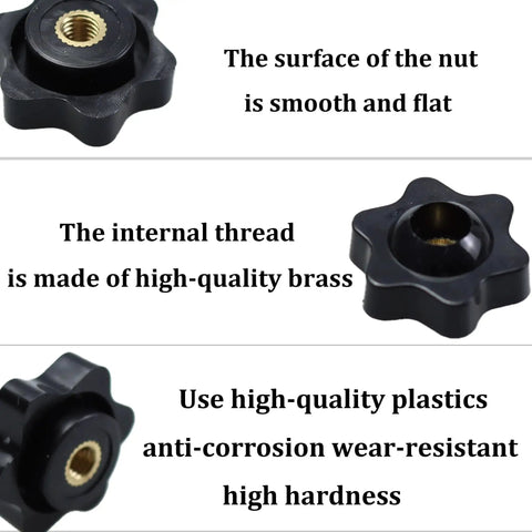 10Pcs M5 Star Knobs With Knurled Black Plastic Handle Female Threaded Screw-On Knobs showing smooth nut surface and brass internal thread