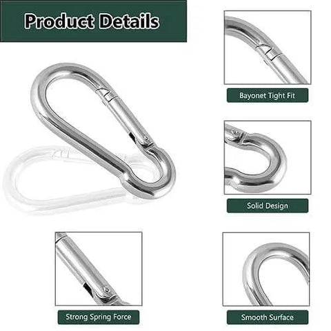 Close-up of heavy duty galvanized steel M5 spring snap hook carabiner showing bayonet fit and smooth surface for quick links.