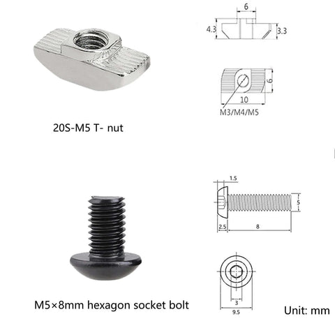 20S-M5 T-nut and M5×8mm hexagon socket bolt for 200 Pcs M5 T Slot Nut Kit for 2020 Series Aluminum Extrusion Profile Frames.