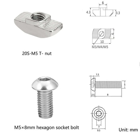 M5 T-Nuts and Screws Kit for 2020 Series Aluminum Extrusion including silver T-nut and M5 hex socket bolt 8mm.