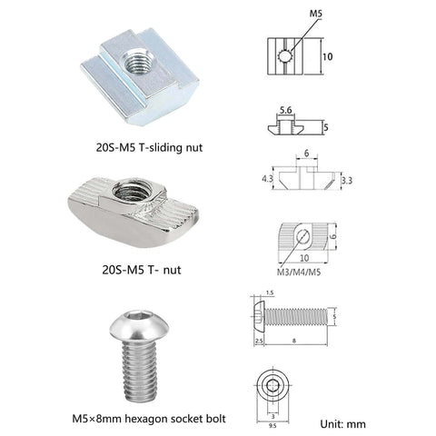 240 Pcs M5 T Nut and Screw Kit for 2020 Aluminum Extrusion with Silver M5 Hardware, includes nuts and bolts for T slot profiles.