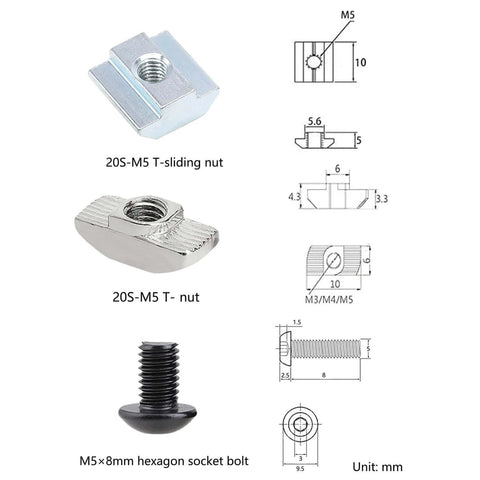 240 pcs M5 T nut and screw kit for 2020 aluminum extrusion systems, M5 hardware set with M5 sliding and T nuts.