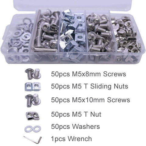 250 Pcs M5 T Nuts and Screws Assortment Kit for 2020 Series Aluminum Extrusion Including Sliding T Nuts Drop In T Nuts M5 x 8mm and M5 x 10mm Screws Washers and Wrench for CNC 3D Printer and Frame Builds