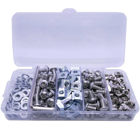 250 Pcs M5 T Nuts and Screws Assortment Kit for 2020 Series Aluminum Extrusion in a clear storage case.