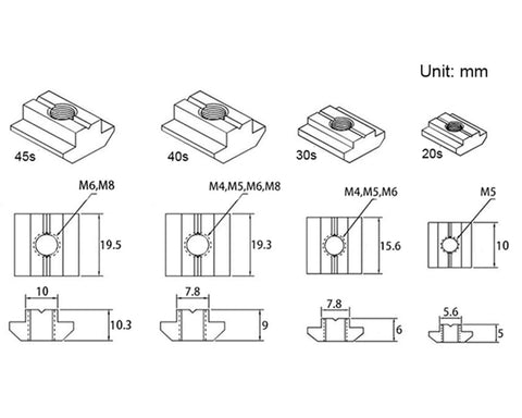Technical drawing of 50 Pcs M5 Sliding T Nuts for 2020 Aluminum Extrusion with 6mm Slot, showing various sizes and dimensions.