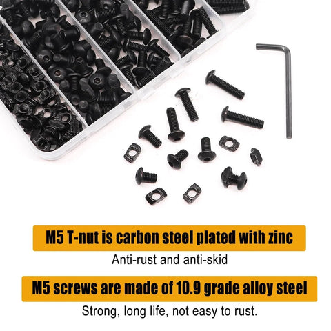 Close-up of 260Pcs M5 T Nuts And Screws Kit for MLok and Rail Mounts compatible with 2020 aluminum profiles with Allen wrench and storage box