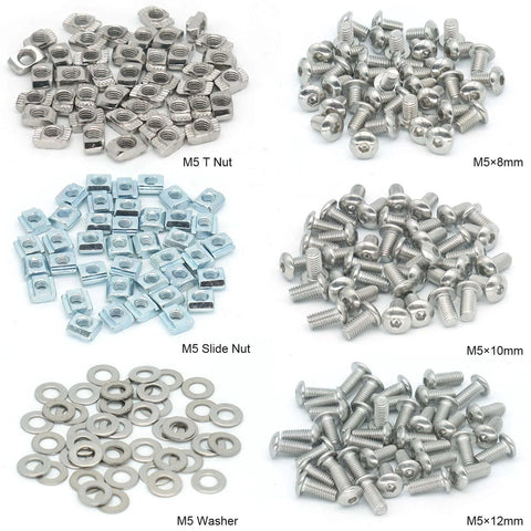 280 Pcs M5 T-Nuts and Screws Kit for 2020 Series Aluminum Extrusion including M5 T nuts, M5 screws, and washers.