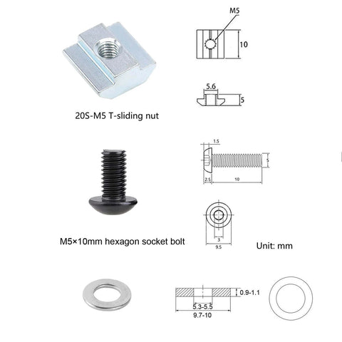 200 Pcs M5 T Slot Nut Kit for 2020 Series Aluminum Extrusion Profile Frames, T-sliding nut and M5 hexagon socket bolt.