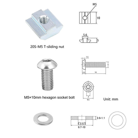280 Pcs M5 T-Nuts and Screws Kit for 2020 Series Aluminum Extrusion showing M5 T-sliding nut, hex socket bolt, and washer dimensions.
