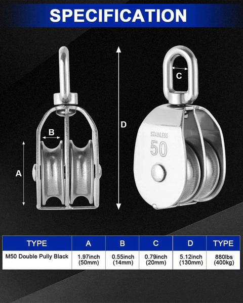 M50 Double Pulley Block Set - 304 Stainless Steel Pack of 2 with 50mm wheel diameter and swivel hook for efficient lifting operations.