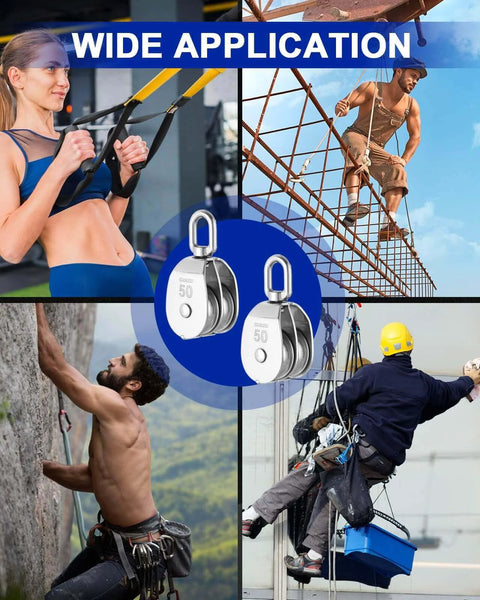 M50 Double Pulley Block Set - 304 Stainless Steel Pack of 2 shown in various lifting applications with people using them.