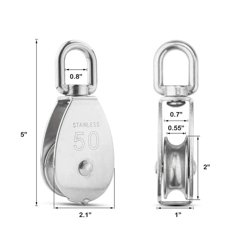 Front and side view of M50 Single Pulley Block with 1000lbs load capacity in stainless steel 304, 14mm wire rope, swivel eye, 3 pack.
