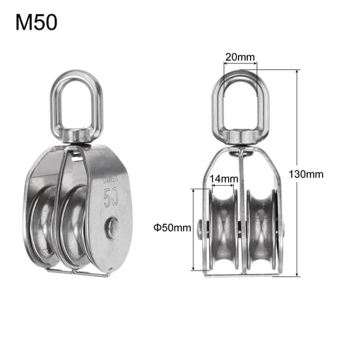 2pcs M50 Double Pulley Block, Stainless Steel Swivel Rigging Lifting Wheel, dimensions shown, front and side view
