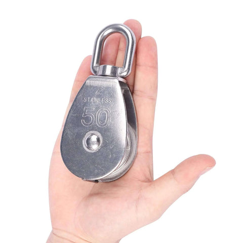 Hand holding M50 Single Pulley Snatch Block 304 Stainless Steel Lifting Crane Swivel Hook, 3/8" Rope x 2" Sheave