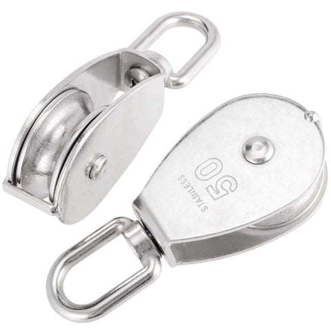 6 Pack M50 Single Pulley Block, 304 stainless steel lifting wire crane pulley roller, heavy duty silver swivel hook side view