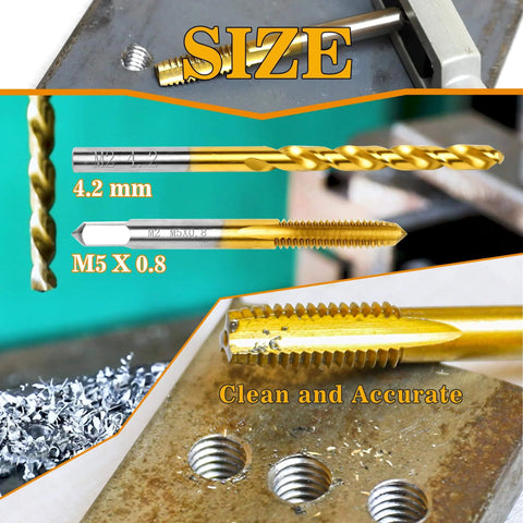 Close-up of the M5x0.8 Tap And 4.2mm HSS Drill Bit Set For Metal With M2 Taps Titanium Plated showing size and precision features.