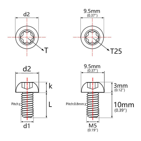 Dimensions and specifications of 12 Pcs M5x10 Titanium Torx Bolts for Bicycle Disc Brake Rotors, including T25 head details.
