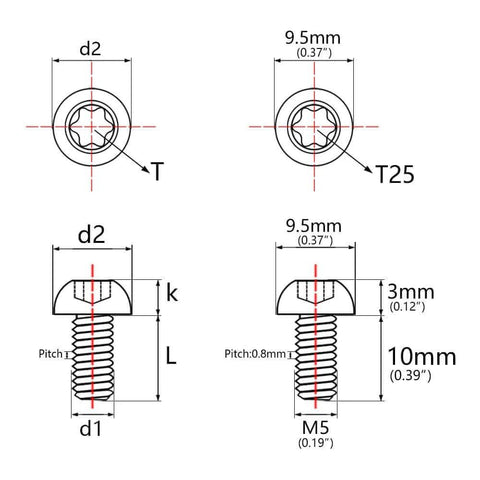 Dimensions of 12 Pcs M5x10 Titanium Torx Bolts for Bicycle Disc Brake Rotors, T25 head specifications and measurements.