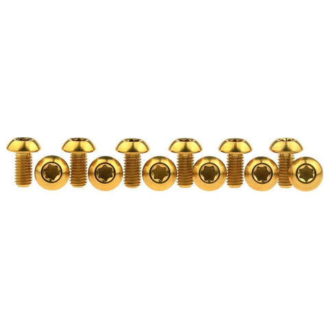 12 Pcs M5x10 Titanium Torx Bolts for Bicycle Disc Brake Rotors showcasing Gold finish and T25 Torx head design.