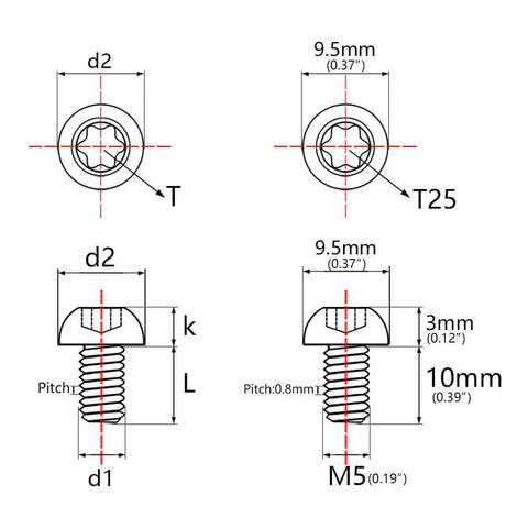 12 Pcs M5x10 Titanium Torx Bolts for Bicycle Disc Brake Rotors technical drawing showing dimensions, T25 head and M5 thread size.