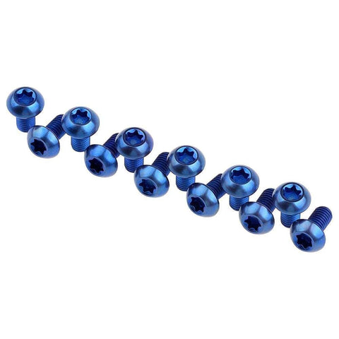 12 Pcs M5x10 Titanium Torx Bolts for Bicycle Disc Brake Rotors, Grade 5 Blue Ti T25 Screws in a row.