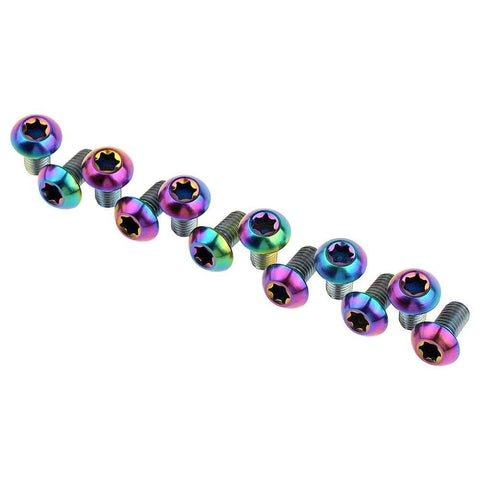 12 Pcs M5x10 Titanium Torx Bolts for Bicycle Disc Brake Rotors featuring colorful finishes and T25 Torx heads.