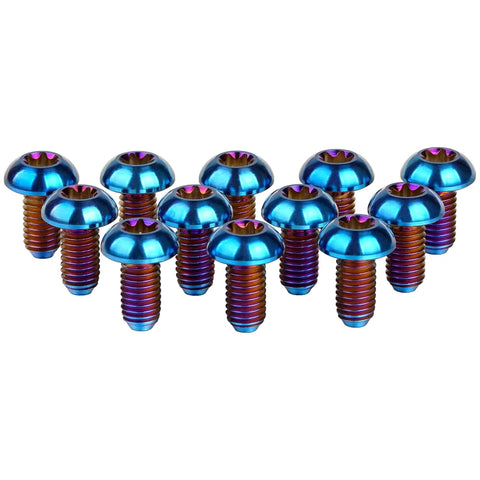 12 Pcs M5x10 Titanium Torx Bolts for Bicycle Disc Brake Rotors in burnt blue finish, showcasing T25 Torx heads.