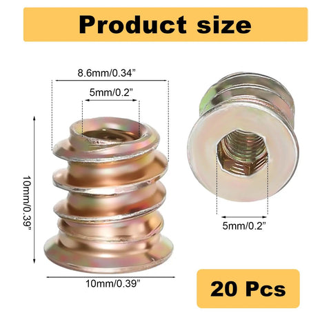 Front and side view of 20 Pack M5x10mm Threaded Wood Inserts with hex drive, carbon steel material, for durable wood joints in cabinets.
