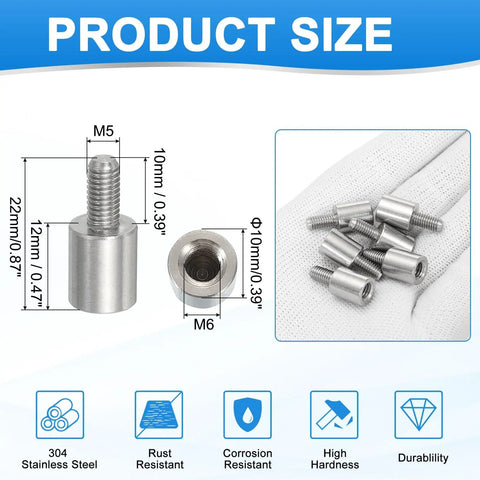Reducing Standoff Screws M5x10mm to M6x12mm, 304 Stainless Steel, 6 Pack, PCB and Motherboard Spacers, size details and features