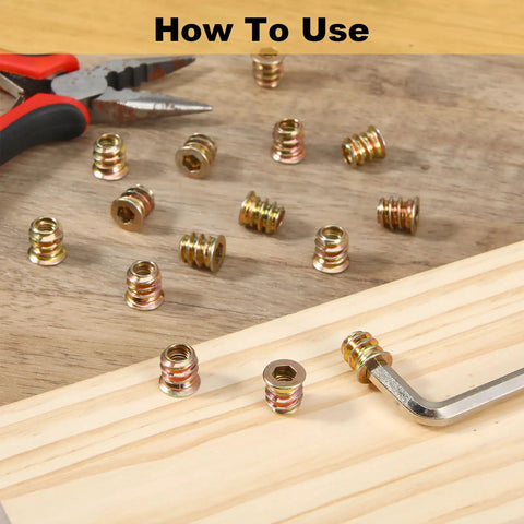 20 Pack M5x10mm Threaded Wood Inserts With Hex Drive Carbon Steel Furniture Nuts for durable woodworking shown with tools.