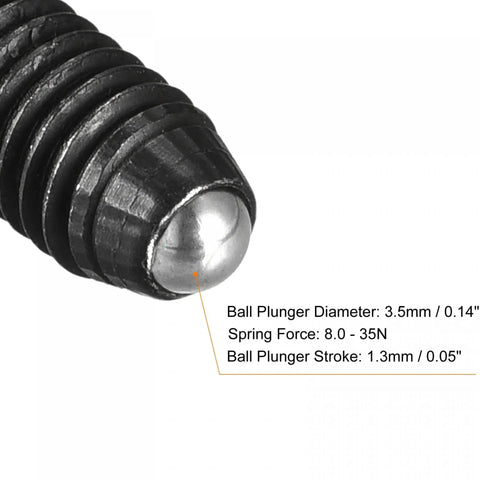 Close-up of Ball Point Set Screws M6 X 12mm High Carbon Steel Hex Socket Grub Screw with Ball Plunger highlighting stroke and spring force.