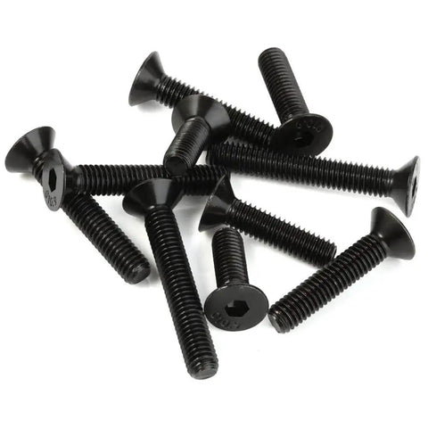 Black M6 x 20mm flat head socket cap screws set, alloy steel grade 10.9, with hex drive, DIN 7991 for precise assemblies, 25 pieces shown.