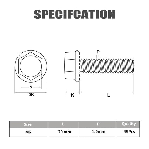 Diagram of M6 Flanged Hex Head Bolts 1.0 x 20mm 10.9 Grade Alloy Steel Black Zinc Plated 49 Pcs with dimensions