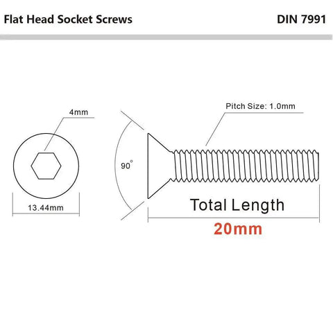 Technical diagram of M6 X 20mm Flat Head Socket Cap Screws Set Alloy Steel Grade 10.9 Black Oxide Finish DIN 7991 with measurements.