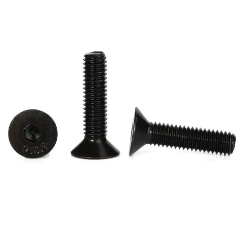Three M6 X 20mm flat head socket cap screws with hex drive and black oxide finish on a white background, showing front and side views.