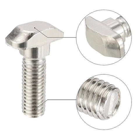 Close-up of M6 30mm Hammer Head T Slot Bolts for 3030 aluminum extrusion, nickel-plated carbon steel, detailed view.