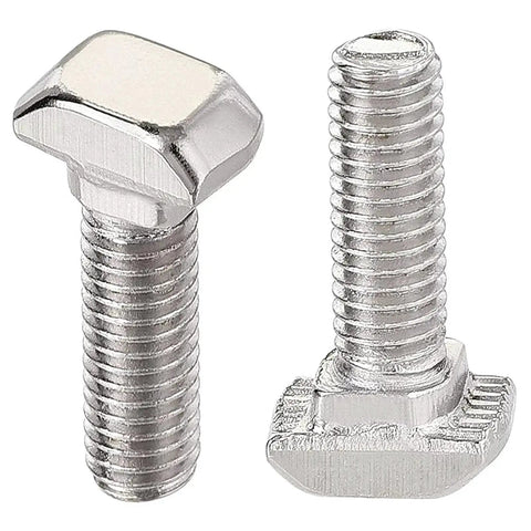M6 30mm Hammer Head T Slot Bolts For 3030 Aluminum Extrusion with nickel plated finish, close-up of thread and head design, pack of 30