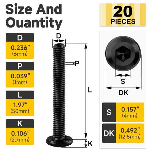 Size diagram of M6 X 50mm Flat Head Hex Socket Cap Screws 20 Pieces 304 Stainless Steel Full Thread Furniture Bolts Black Oxide