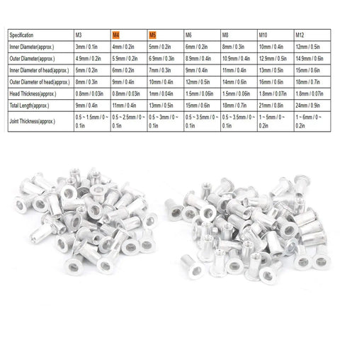 100 Piece Aluminum Flat Head Pull Rivet Nuts Set M6 Thread Size For Automotive, Aviation, Rail, Refrigeration, And Industrial Hardware Projects, Easy Fastening In Metal Plates And Tubing