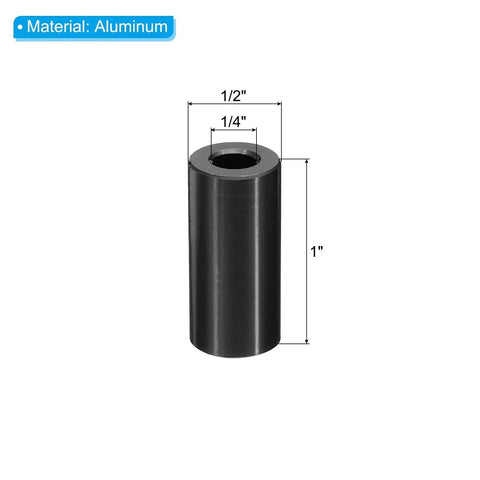 M6 Aluminum Spacers 10 Piece Set, Black Round Screw Standoffs, 1/2 In OD X 1 In L, shown with dimensions and aluminum material label
