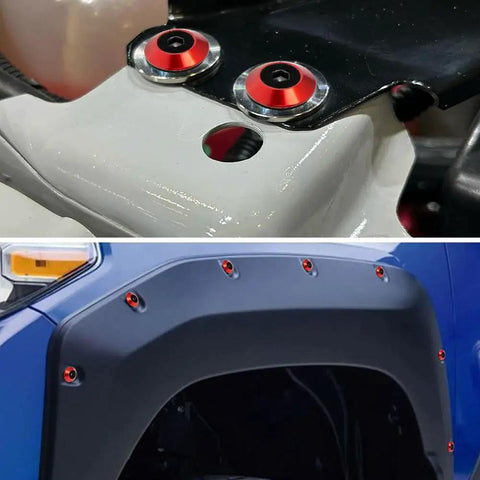 Close-up of red 24 Piece M6 18mm Anodized Aluminum Tapered Washer Kit for Widebody Flares installed on vehicle fender and bumper.
