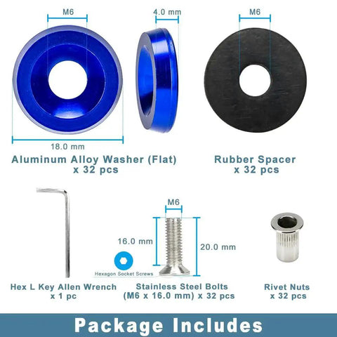 M6 Anodized Aluminum Washer Bolt Kit 32 Piece For Widebody Fenders And Dress Up, showing package components and dimensions.