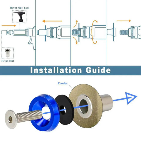 Installation guide for M6 Anodized Aluminum Washer Bolt Kit 32 Piece For Widebody Fenders And Dress Up, showing washer and bolt assembly.