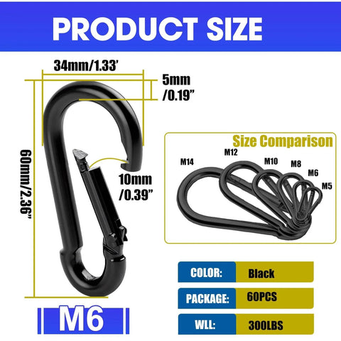 60 Pack 2.36 Inch Spring Snap Hooks Carabiners Heavy Duty Zinc Plated Steel Clips, size comparison and dimensions.