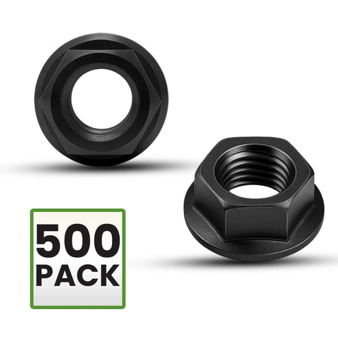 M6 X 1.0 Flange Nut Set, 500 Pack Black Zinc Steel Grade 10.9 With 10mm Drive, Beefy and Corrosion Resistant Hardware Nuts
